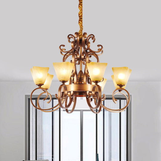 Rustic Beige Glass Chandelier: 6/9-Head Pendant Light In Brass With Swooping Arm