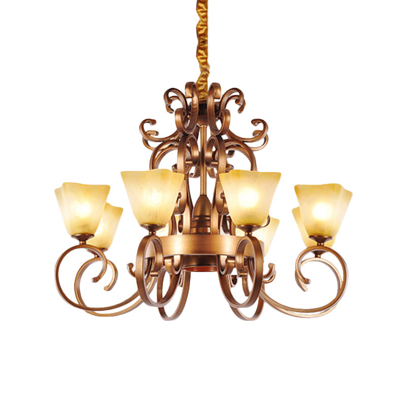 Rustic Beige Glass Chandelier: 6/9-Head Pendant Light In Brass With Swooping Arm