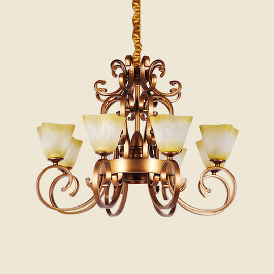 Rustic Beige Glass Chandelier: 6/9-Head Pendant Light In Brass With Swooping Arm