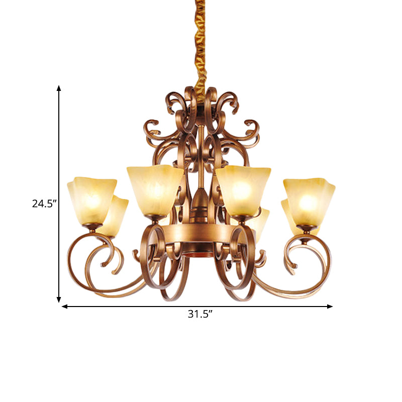 Rustic Beige Glass Chandelier: 6/9-Head Pendant Light In Brass With Swooping Arm