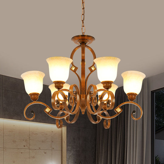 Rustic Metal Chandelier With Curved Arm 6 Bulbs Opal Glass Shade Ideal For Bedroom Ceiling