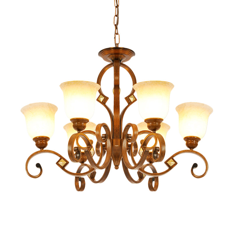 Rustic Metal Chandelier With Curved Arm 6 Bulbs Opal Glass Shade Ideal For Bedroom Ceiling