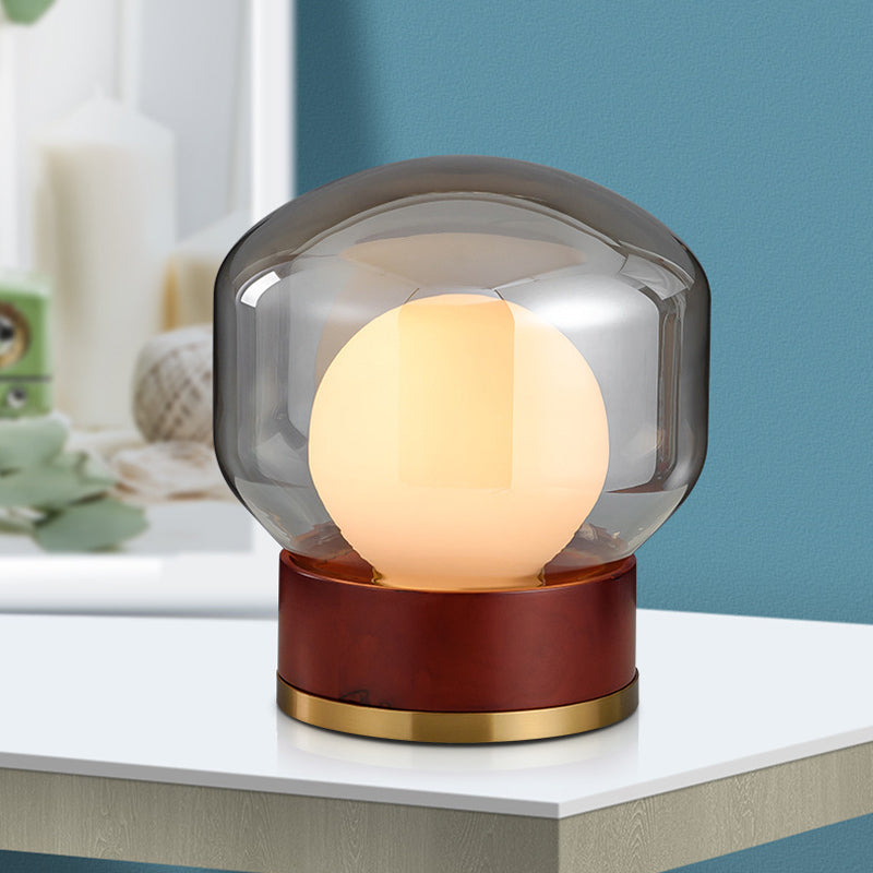 Opal Glass Globe Night Light With Wood Base - Countryside Bedroom Table Lamp In Brown