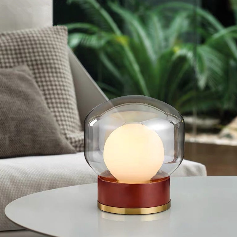 Opal Glass Globe Night Light With Wood Base - Countryside Bedroom Table Lamp In Brown