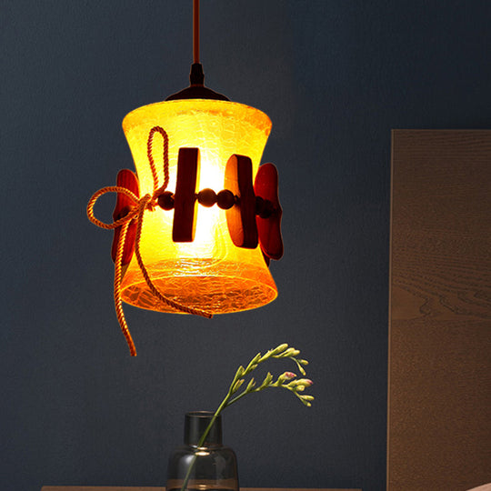 Yellow Crackle Glass Hanging Lamp With Countryside Brown Bell Design - Dining Room Down Lighting