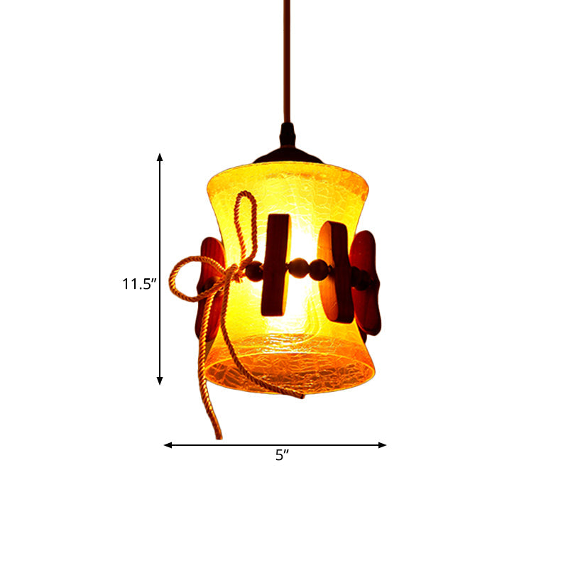 Yellow Crackle Glass Hanging Lamp With Countryside Brown Bell Design - Dining Room Down Lighting