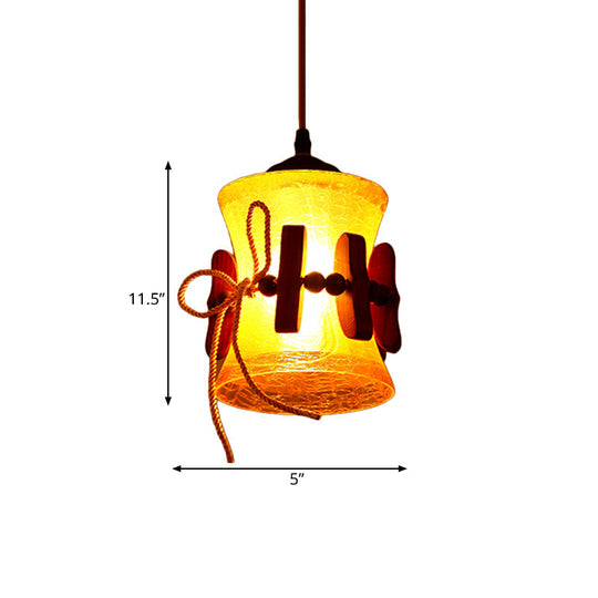 Yellow Crackle Glass Hanging Lamp With Countryside Brown Bell Design - Dining Room Down Lighting