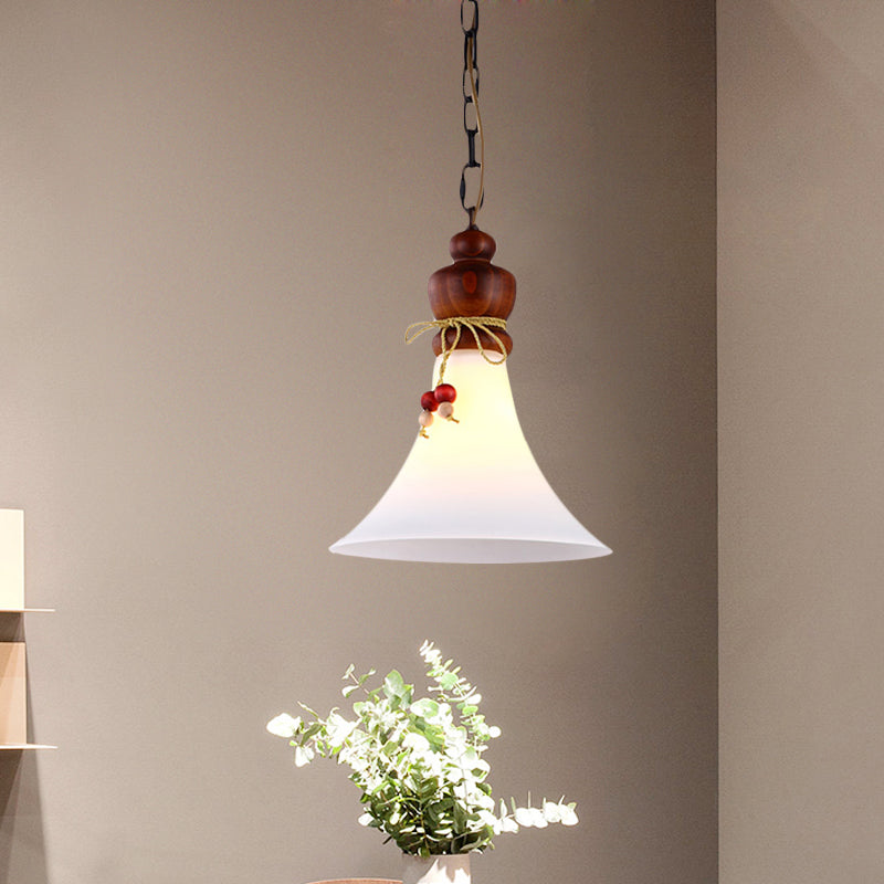 Opal Glass Brown Suspension Lamp: Rustic 1-Light Pendant With Wooden Cap