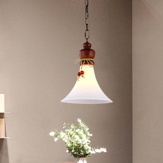 Opal Glass Brown Suspension Lamp: Rustic 1-Light Pendant With Wooden Cap