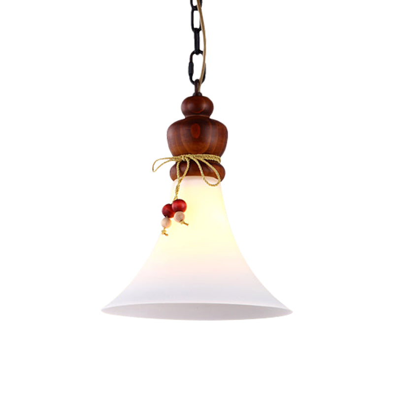 Opal Glass Brown Suspension Lamp: Rustic 1-Light Pendant With Wooden Cap