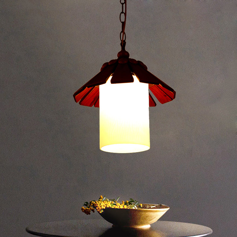 Rustic Hanging Light Kit: Cream Glass Pendant With Wood Shade