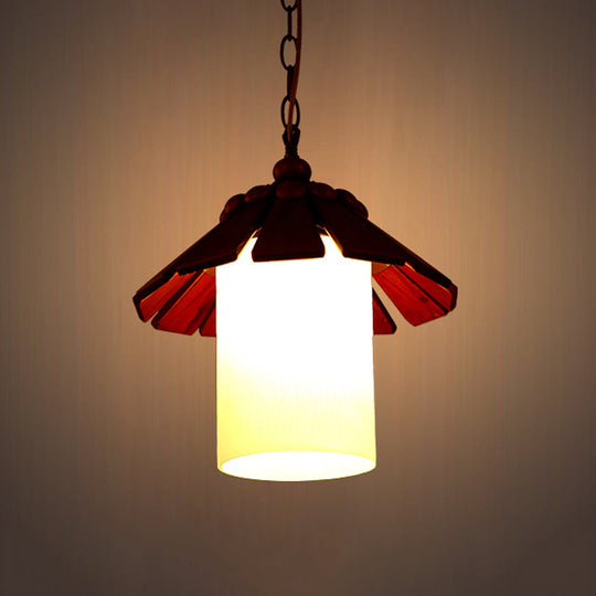 Rustic Hanging Light Kit: Cream Glass Pendant With Wood Shade