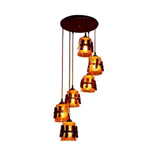 Yellow Crackle Glass Pendant With 6 Classic Lights - Ideal For Restaurant Ceilings In Brown Wood