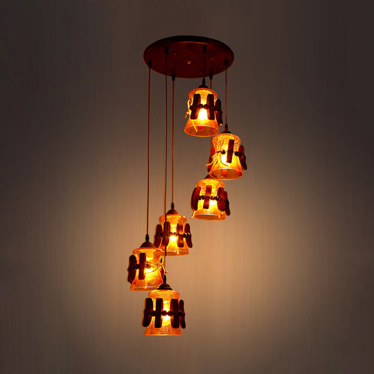 Yellow Crackle Glass Pendant With 6 Classic Lights - Ideal For Restaurant Ceilings In Brown Wood