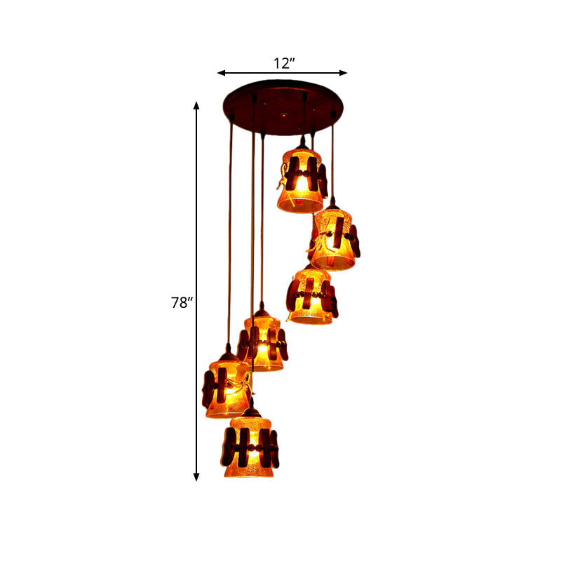 Yellow Crackle Glass Pendant With 6 Classic Lights - Ideal For Restaurant Ceilings In Brown Wood