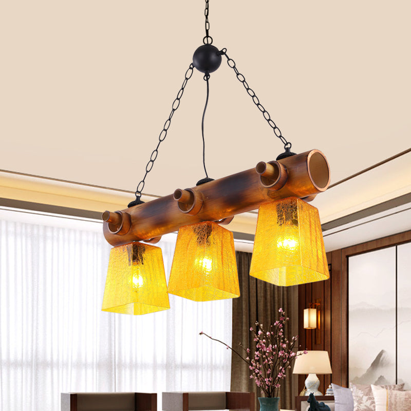 Yellow Trapezoid Island Pendant Light With 3 Bulbs Bamboo Beam - Perfect For Countryside Dining