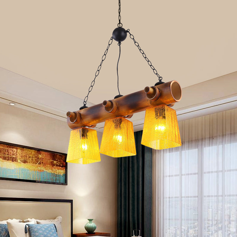 Yellow Trapezoid Island Pendant Light With 3 Bulbs Bamboo Beam - Perfect For Countryside Dining