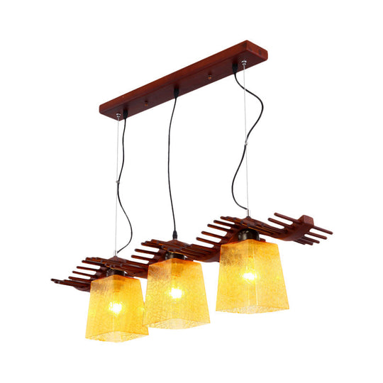 Rustic Wood Island Lamp With Yellow Crackle Glass Shades For Dining Room - 3 Heads In Brown