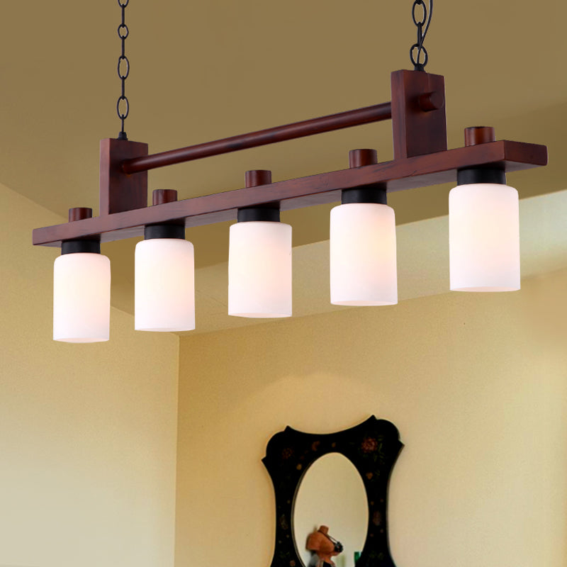 5-Light Island Pendant: Traditional Linear Wood Hanging Light In Brown With Opal Glass Shade