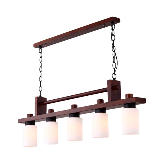 5-Light Island Pendant: Traditional Linear Wood Hanging Light In Brown With Opal Glass Shade