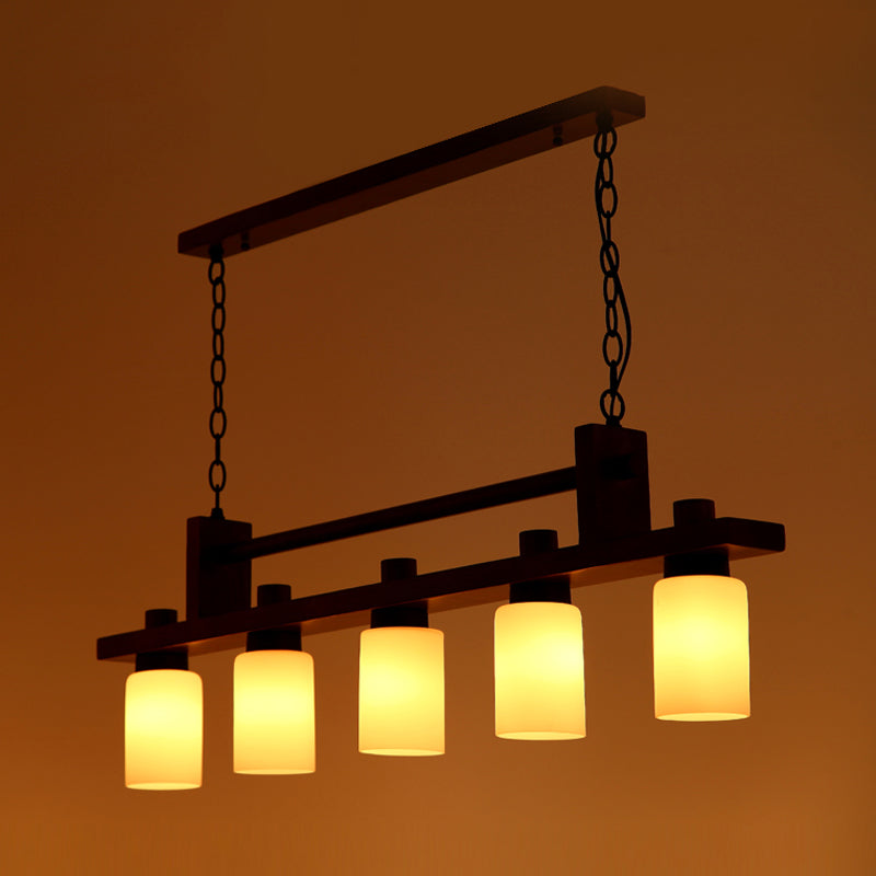 5-Light Island Pendant: Traditional Linear Wood Hanging Light In Brown With Opal Glass Shade