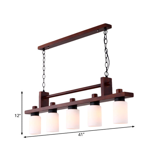 5-Light Island Pendant: Traditional Linear Wood Hanging Light In Brown With Opal Glass Shade