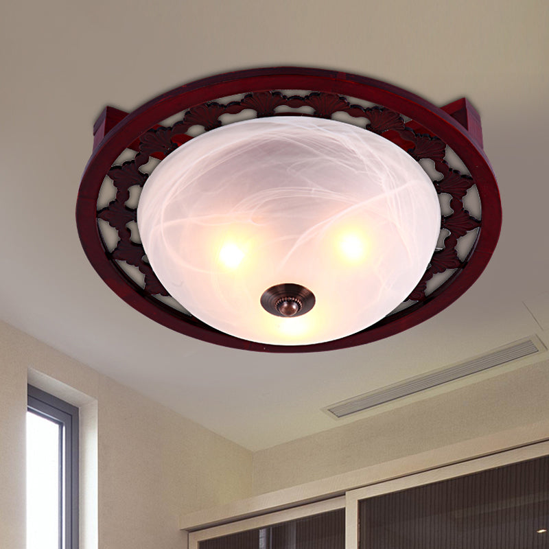 Rustic Brown Dome Flush Mount Lighting With Frosted Glass - 3-Light Wood Design Close-To-Ceiling