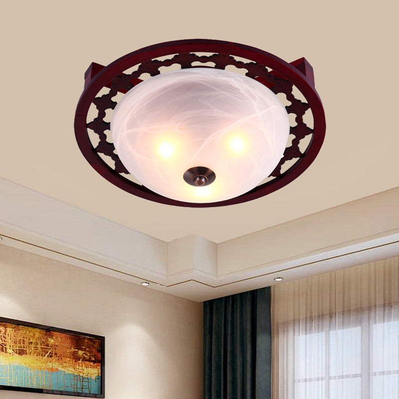 Rustic Brown Dome Flush Mount Lighting With Frosted Glass - 3-Light Wood Design Close-To-Ceiling