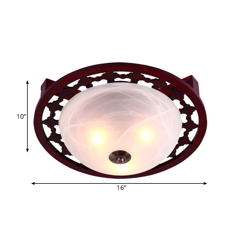 Rustic Brown Dome Flush Mount Lighting with Frosted Glass - 3-Light, Wood Design – Close-to-Ceiling Lamp for Bedroom