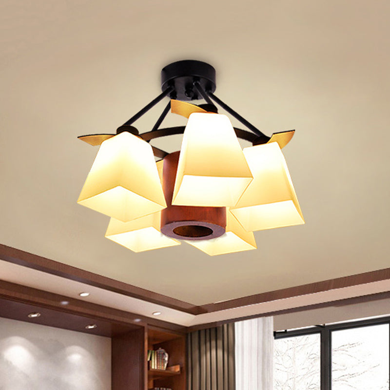 Trapezoid Semi Flush Ceiling Lamp with White Glass and Wood Cylinder Shade - 3/5 Lights