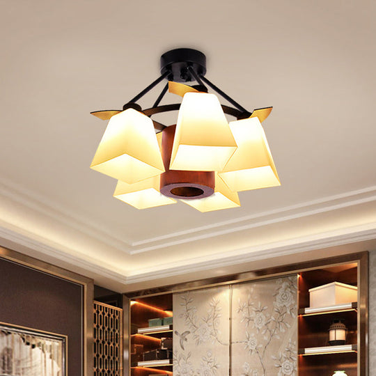 Trapezoid Semi Flush Ceiling Lamp with White Glass and Wood Cylinder Shade - 3/5 Lights