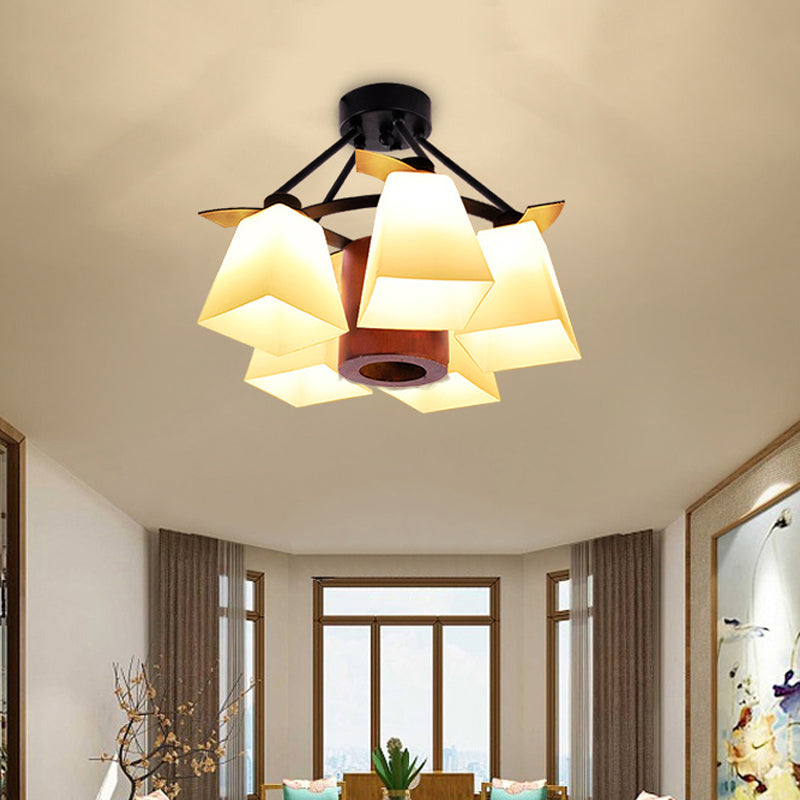 Trapezoid Semi Flush Ceiling Lamp with White Glass and Wood Cylinder Shade - 3/5 Lights