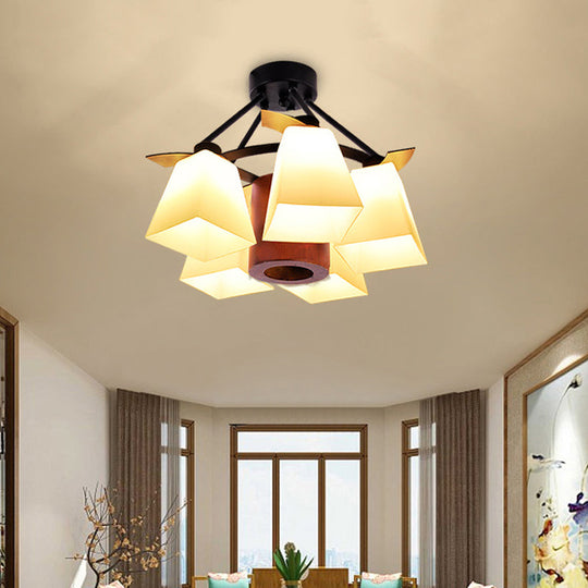 Trapezoid Semi Flush Ceiling Lamp With White Glass And Wood Cylinder Shade - 3/5 Lights