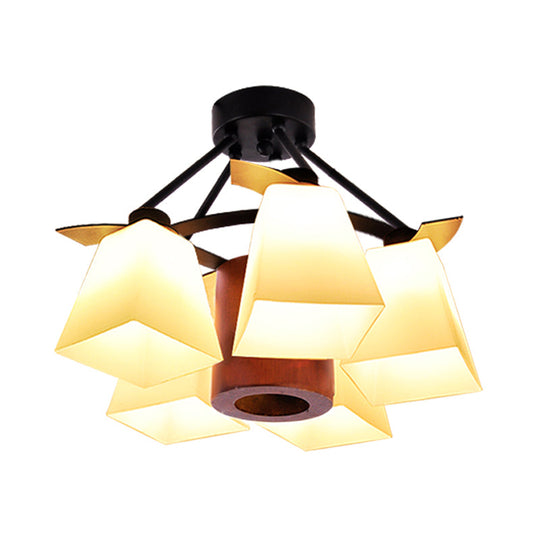 Trapezoid Semi Flush Ceiling Lamp with White Glass and Wood Cylinder Shade - 3/5 Lights