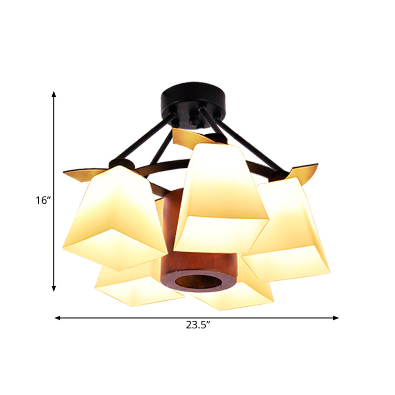 Trapezoid Semi Flush Ceiling Lamp with White Glass and Wood Cylinder Shade - 3/5 Lights