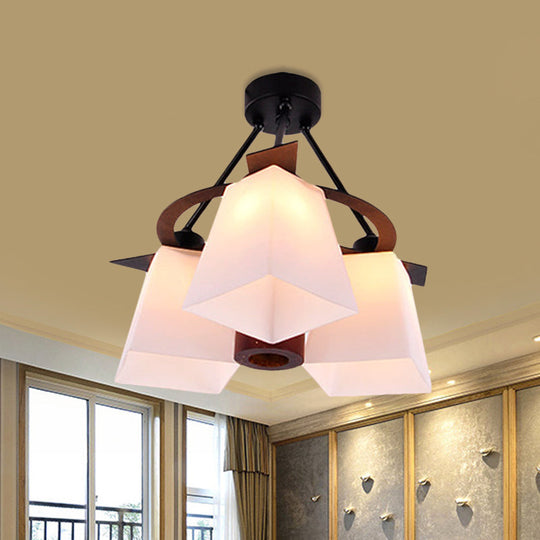 Trapezoid Semi Flush Ceiling Lamp with White Glass and Wood Cylinder Shade - 3/5 Lights