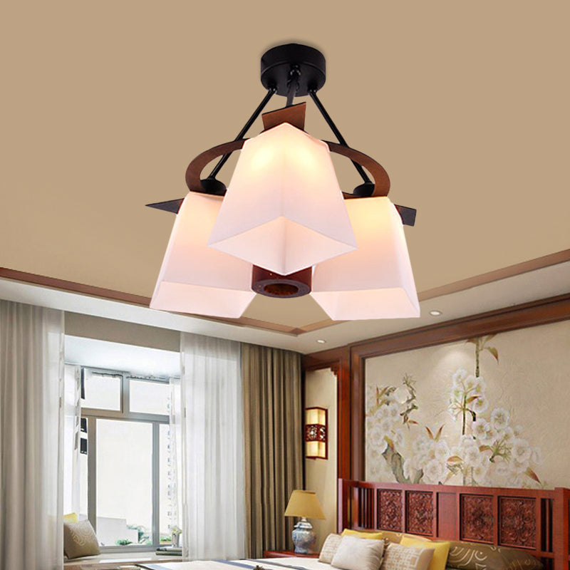 Trapezoid Semi Flush Ceiling Lamp with White Glass and Wood Cylinder Shade - 3/5 Lights