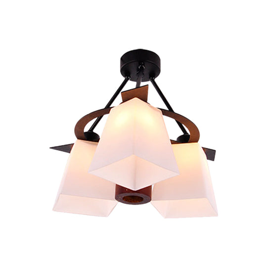 Trapezoid Semi Flush Ceiling Lamp with White Glass and Wood Cylinder Shade - 3/5 Lights