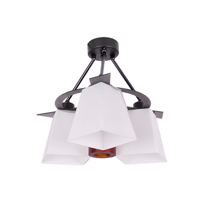 Trapezoid Semi Flush Ceiling Lamp with White Glass and Wood Cylinder Shade - 3/5 Lights