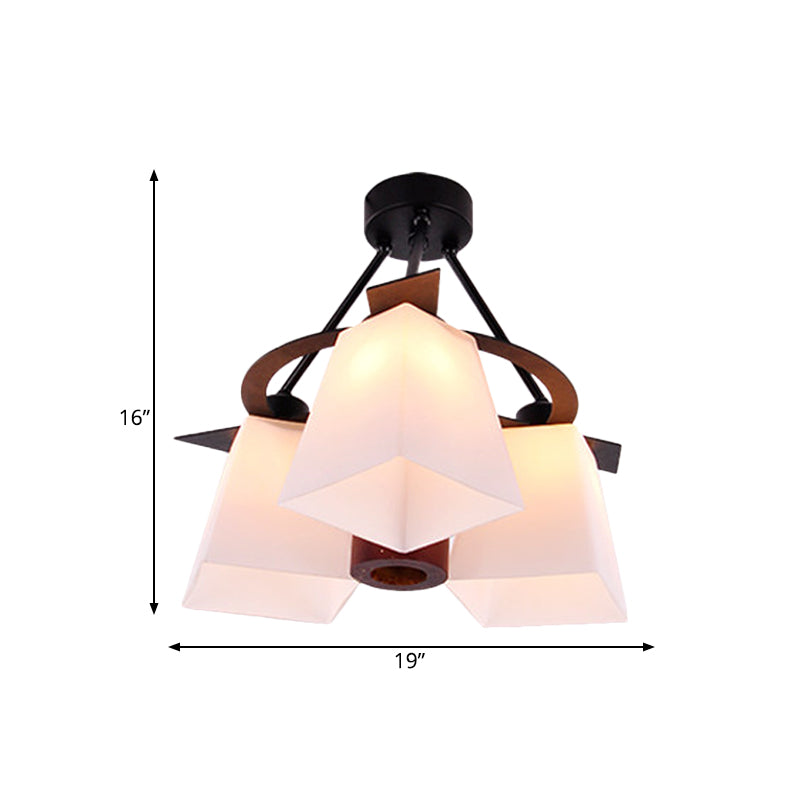 Trapezoid Semi Flush Ceiling Lamp with White Glass and Wood Cylinder Shade - 3/5 Lights