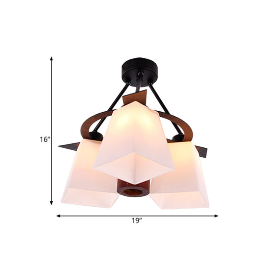 Trapezoid Semi Flush Ceiling Lamp with White Glass and Wood Cylinder Shade - 3/5 Lights