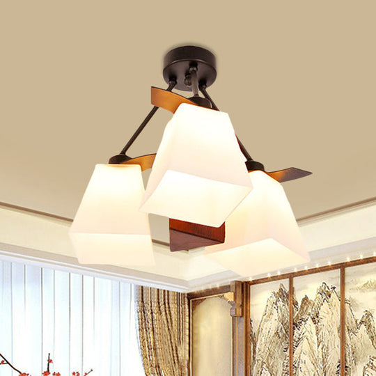 Trapezoid Semi Flush Ceiling Lamp with White Glass and Wood Cylinder Shade - 3/5 Lights