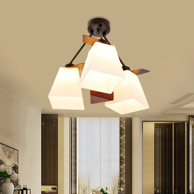 Trapezoid Semi Flush Ceiling Lamp with White Glass and Wood Cylinder Shade - 3/5 Lights