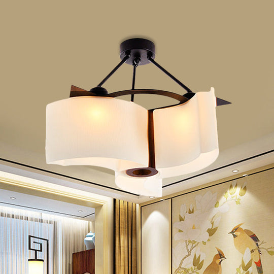 Semi Flush Ceiling Light: 3-Light Twisted Shade with Classic White Glass & Wood Design