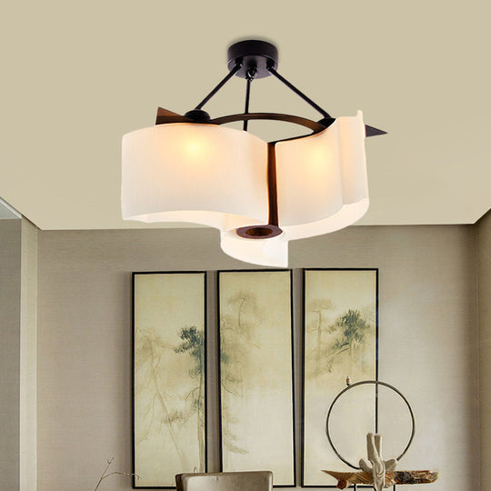 Semi Flush Ceiling Light: 3-Light Twisted Shade with Classic White Glass & Wood Design