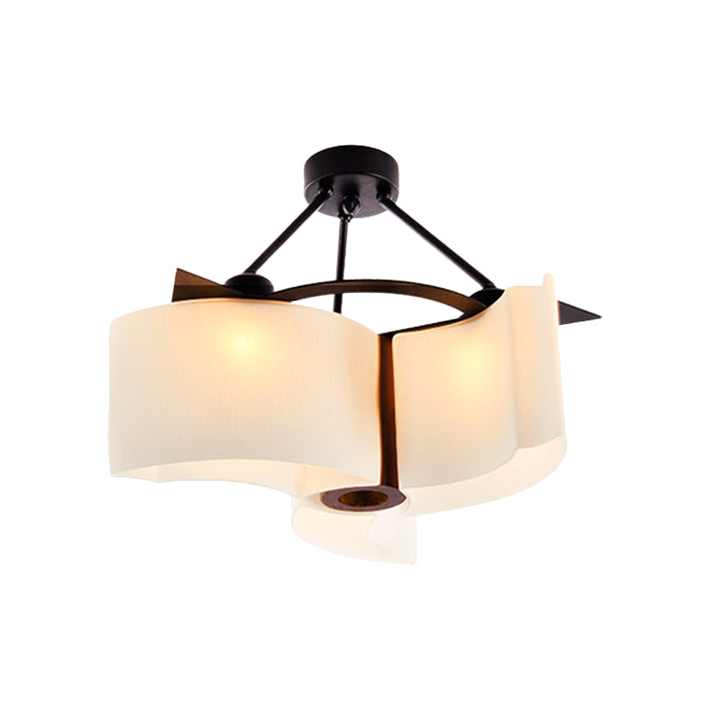 Semi Flush Ceiling Light: 3-Light Twisted Shade with Classic White Glass & Wood Design