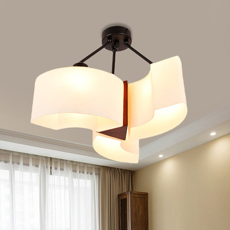 Semi Flush Ceiling Light: 3-Light Twisted Shade with Classic White Glass & Wood Design