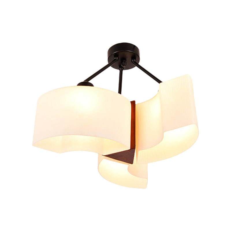 Semi Flush Ceiling Light: 3-Light Twisted Shade with Classic White Glass & Wood Design