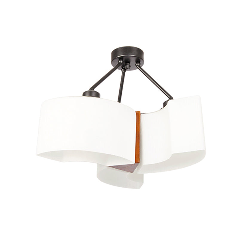 Semi Flush Ceiling Light: 3-Light Twisted Shade with Classic White Glass & Wood Design