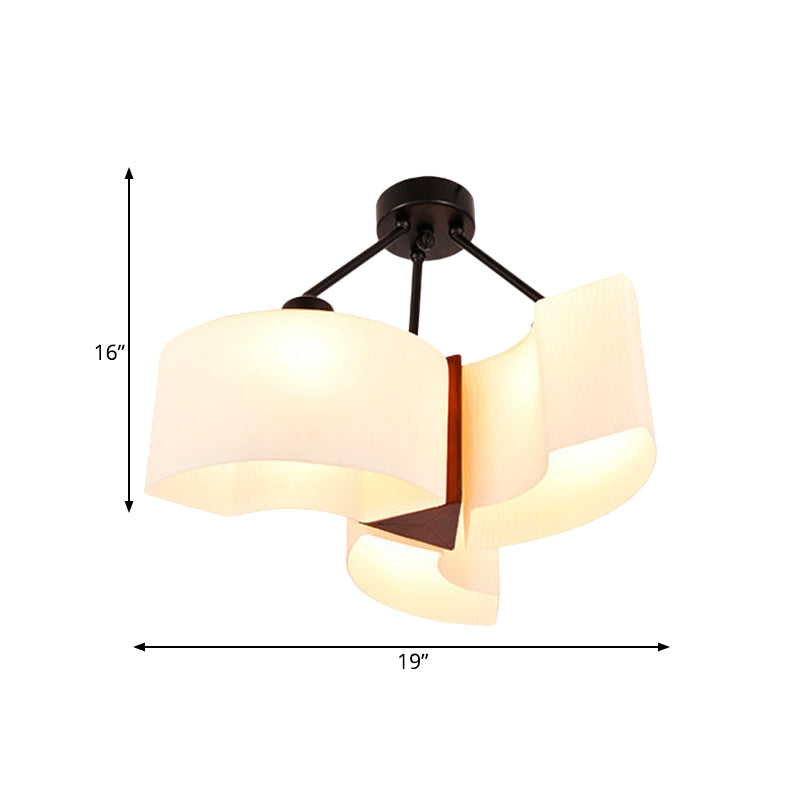 Semi Flush Ceiling Light: 3-Light Twisted Shade with Classic White Glass & Wood Design